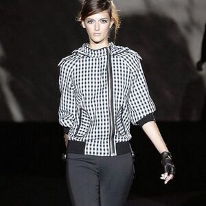 L.A.M.B. Asymmetrical Gingham Double-Zip Hooded Bomber with Cropped Sleeves